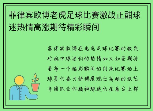 菲律宾欧博老虎足球比赛激战正酣球迷热情高涨期待精彩瞬间