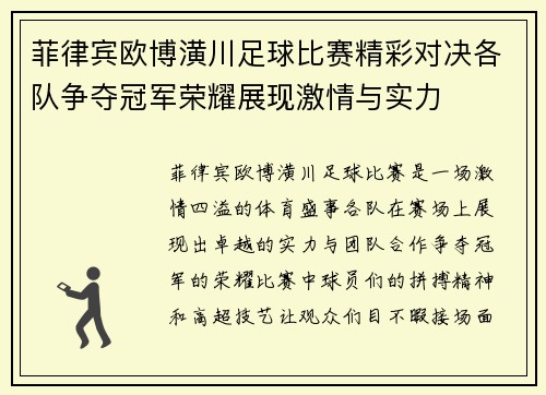 菲律宾欧博潢川足球比赛精彩对决各队争夺冠军荣耀展现激情与实力