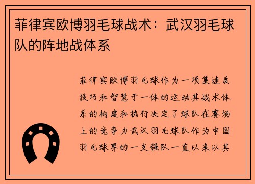 菲律宾欧博羽毛球战术：武汉羽毛球队的阵地战体系