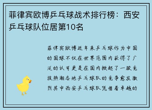 菲律宾欧博乒乓球战术排行榜：西安乒乓球队位居第10名
