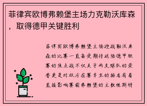 菲律宾欧博弗赖堡主场力克勒沃库森，取得德甲关键胜利
