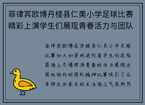 菲律宾欧博丹棱县仁美小学足球比赛精彩上演学生们展现青春活力与团队精神
