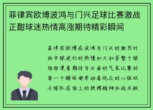 菲律宾欧博波鸿与门兴足球比赛激战正酣球迷热情高涨期待精彩瞬间